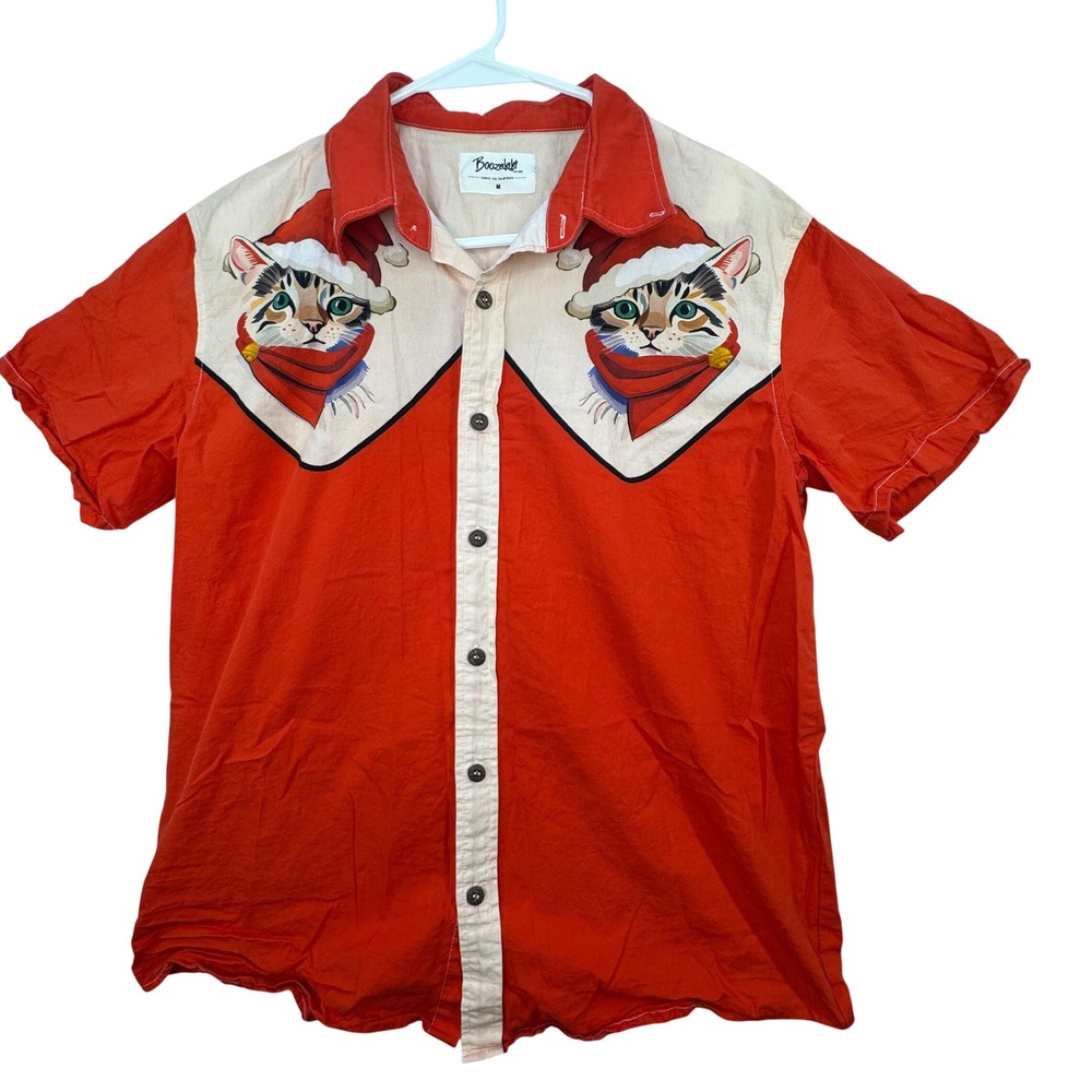 Boozelele Santa Cat Western Shirt Mens Medium Red Short‎ Sleeve Festive Meow
